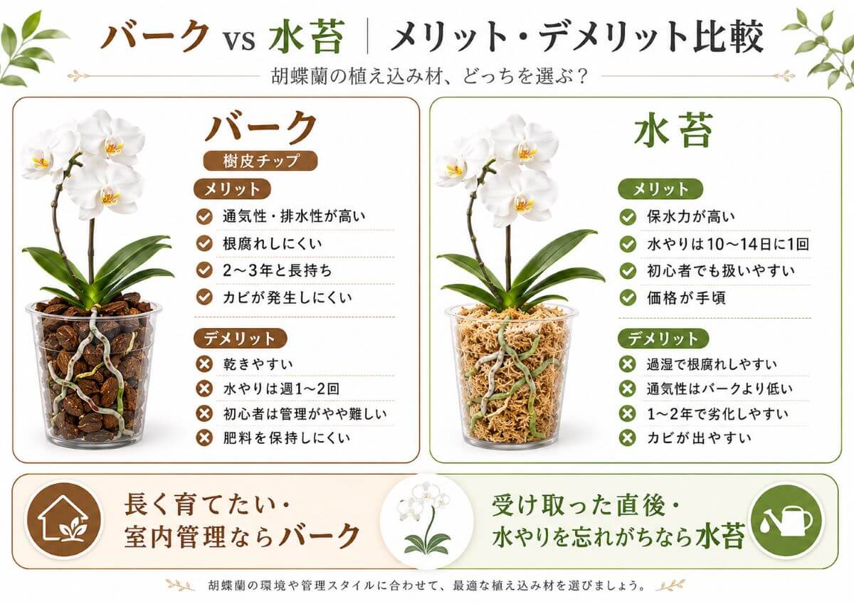 バーク vs 水苔｜メリット・デメリット比較