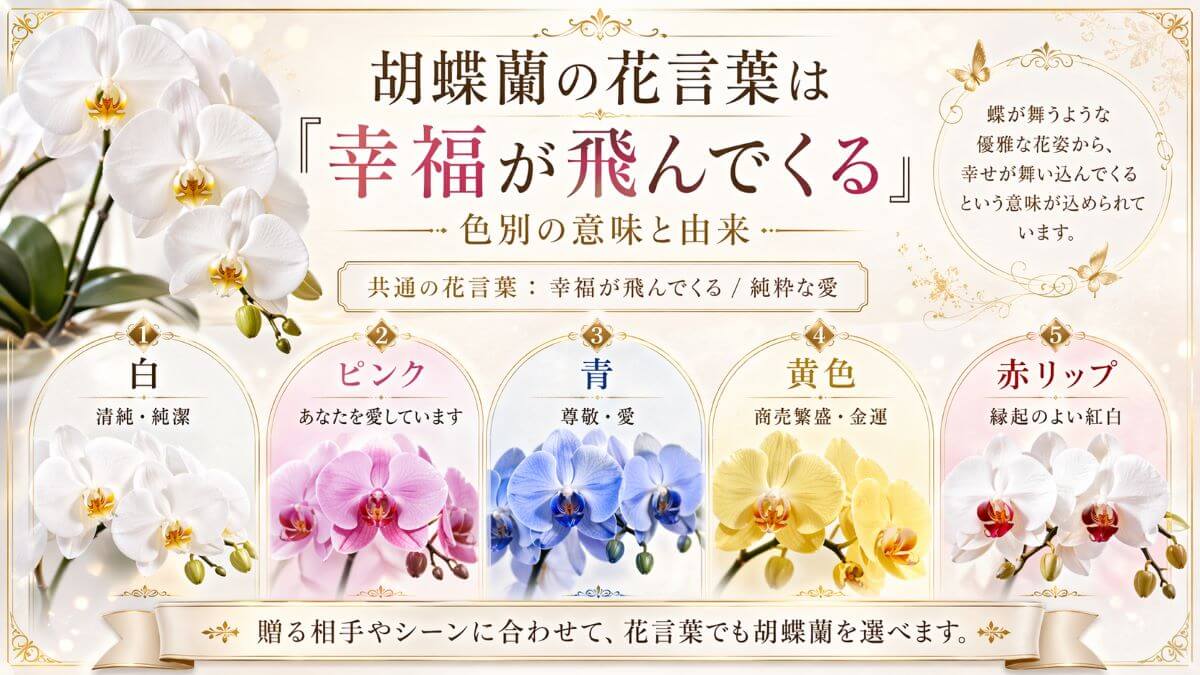 胡蝶蘭の花言葉は「幸福が飛んでくる」｜色別の意味と由来