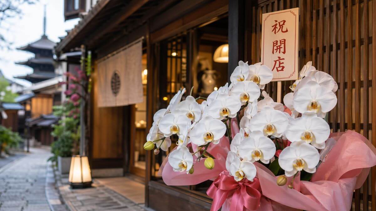京都の観光地にある店舗の開店祝いとして飾られた、ピンクのラッピングの白い胡蝶蘭
